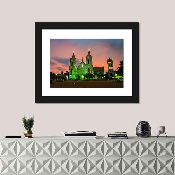 Illuminated St Sebastian Cathedral Canvas Wall Art-1 Piece-Framed Print-42" x 14"-Tiaracle