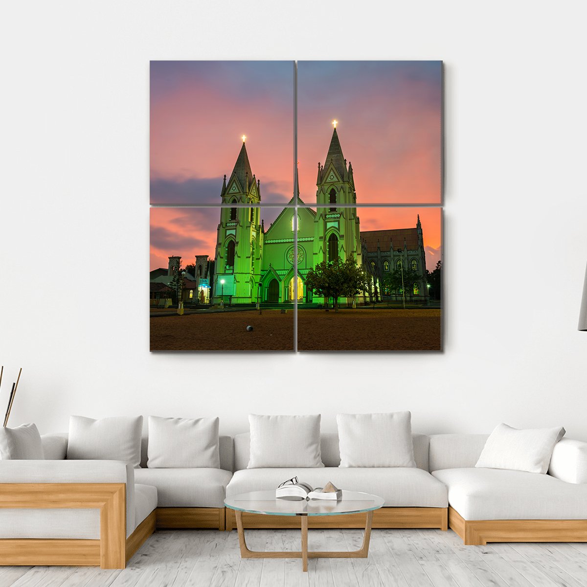 Illuminated St Sebastian Cathedral Canvas Wall Art-4 Square-Gallery Wrap-17" x 17"-Tiaracle