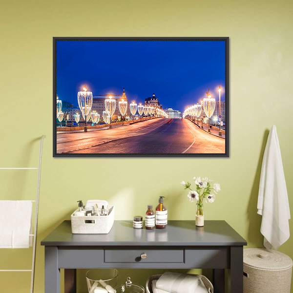 Illumination On Bridge Moscow Canvas Wall Art-1 Piece-Floating Frame-24" x 16"-Tiaracle