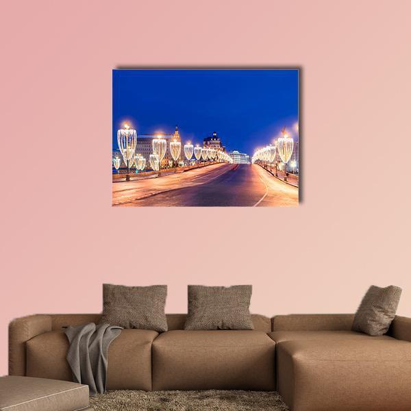 Illumination On Bridge Moscow Canvas Wall Art-1 Piece-Gallery Wrap-48" x 32"-Tiaracle