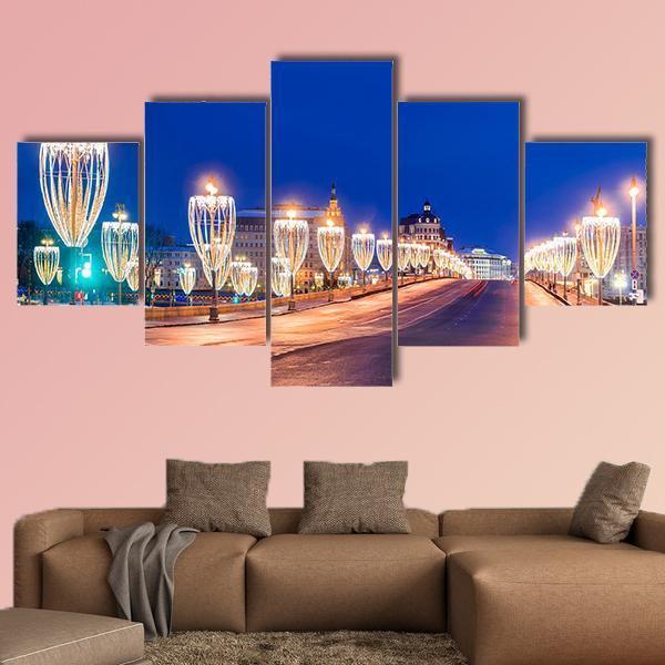Illumination On Bridge Moscow Canvas Wall Art-5 Star-Gallery Wrap-62" x 32"-Tiaracle