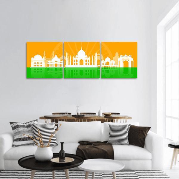 Indian Landmarks Skyline with Ashoka Chakra Panoramic Canvas Wall Art in white, orange and green, hung on a wall