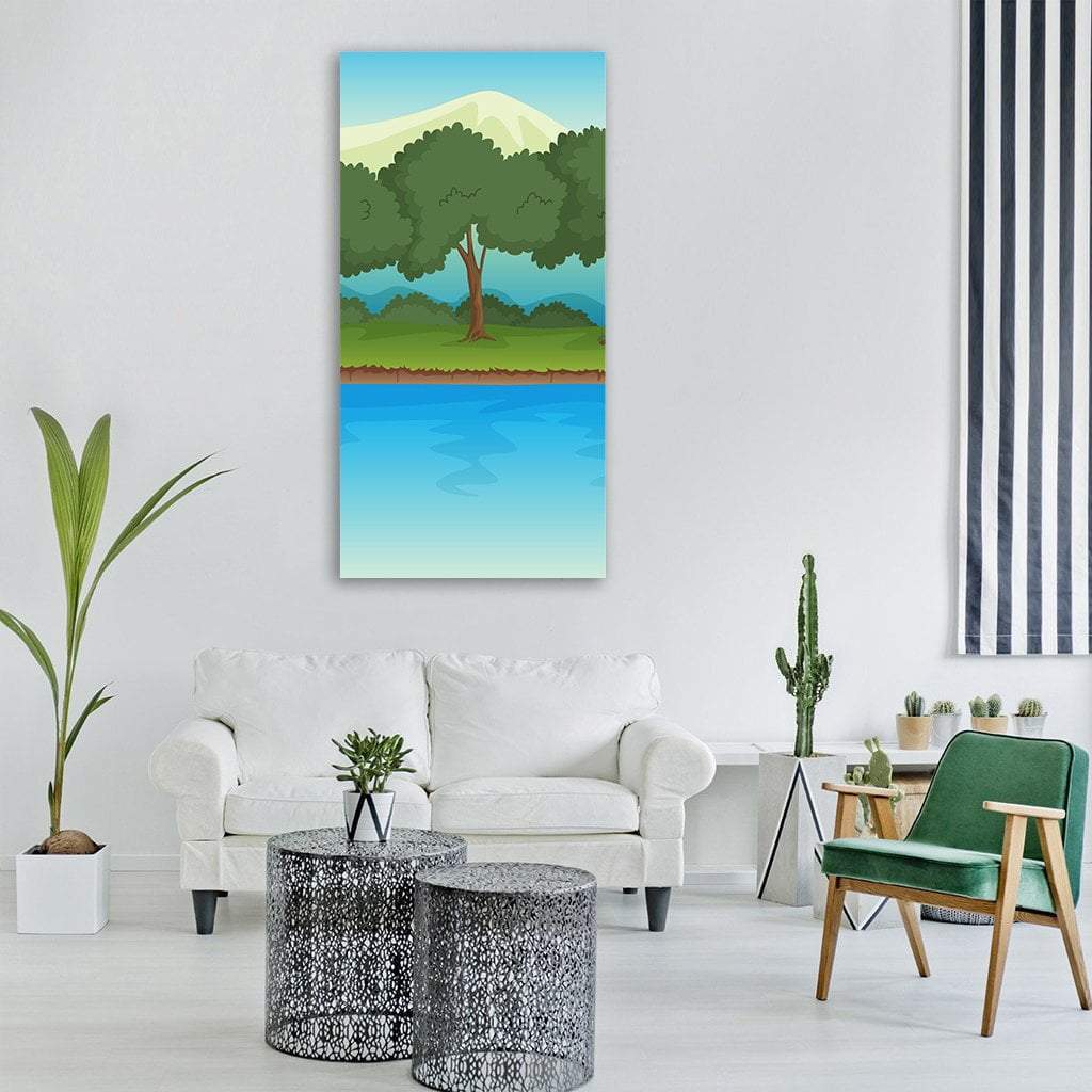 Tranquil River Landscape Illustration Vertical Canvas Wall Art in green and blue, single vertical panel hung on a wall