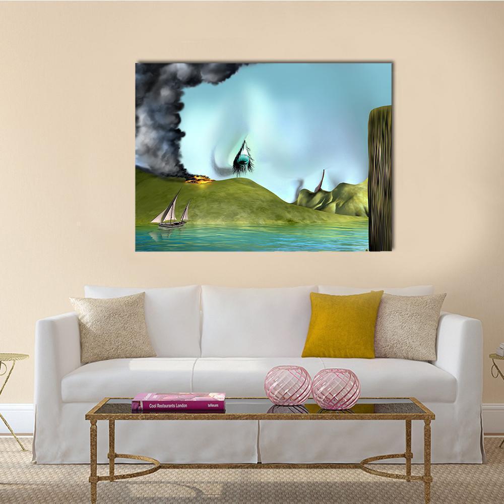 Surreal Landscape with Sailboat and Floating Eye Canvas Wall Art in gray, green and blue, single panel hung on a wall