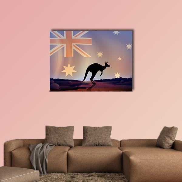 Leaping Kangaroo with Australian Flag Canvas Wall Art in black, orange and blue, single panel hung on a wall