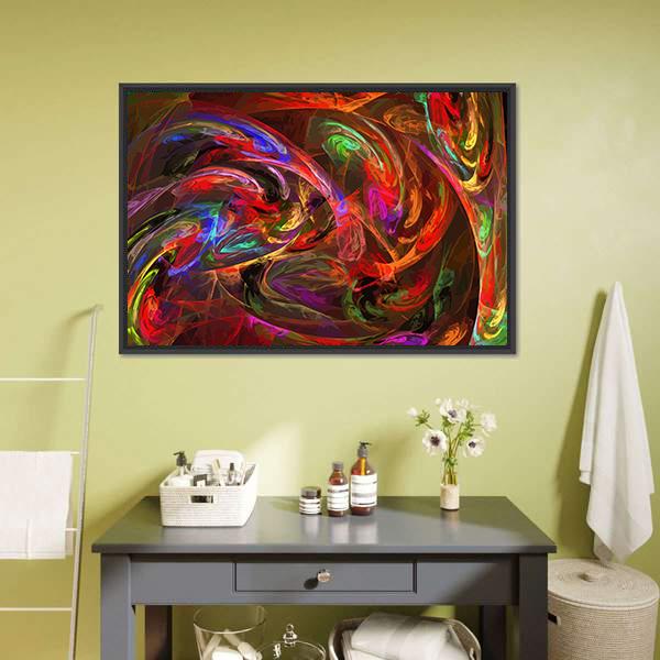Colorful Fractal Swirl Illustration Canvas Wall Art in red, orange and multicolor, framed canvas, product view on a white background