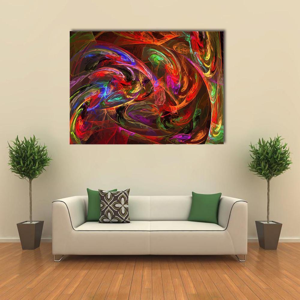 Colorful Fractal Swirl Illustration Canvas Wall Art in red, orange and multicolor, single panel hung on a wall