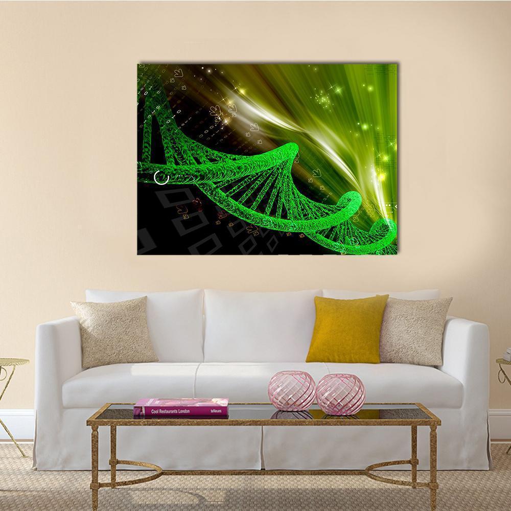 Glowing Green Dna Helix with Binary Code Canvas Wall Art in black and green, single panel hung on a wall