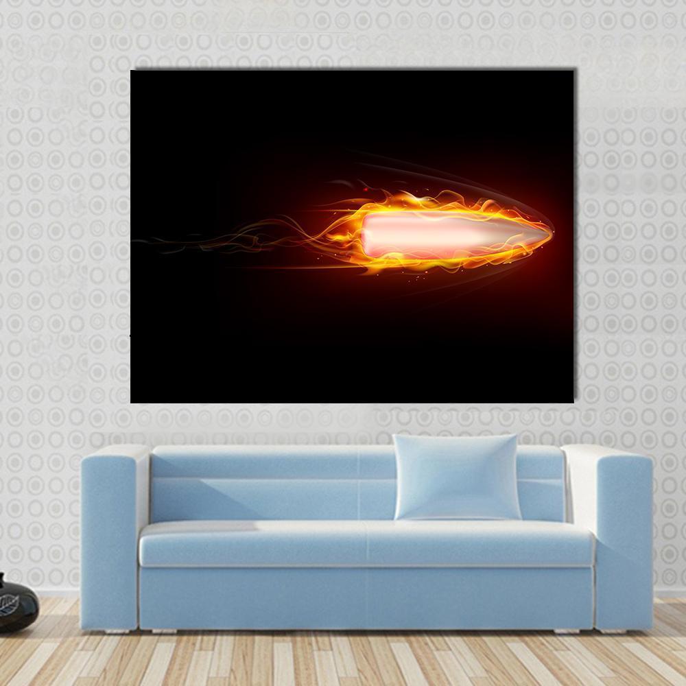 Fiery Bullet Illustration Canvas Wall Art in black, orange and yellow, single panel hung on a wall