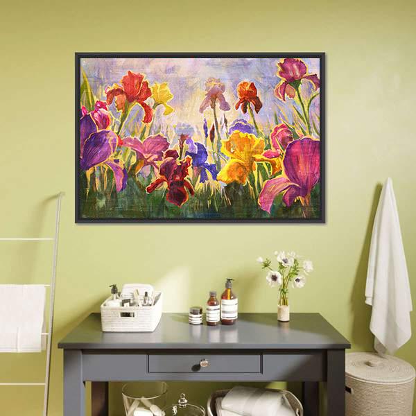 Illustration Of Flowers Irises Canvas Wall Art-1 Piece-Floating Frame-24" x 16"-Tiaracle