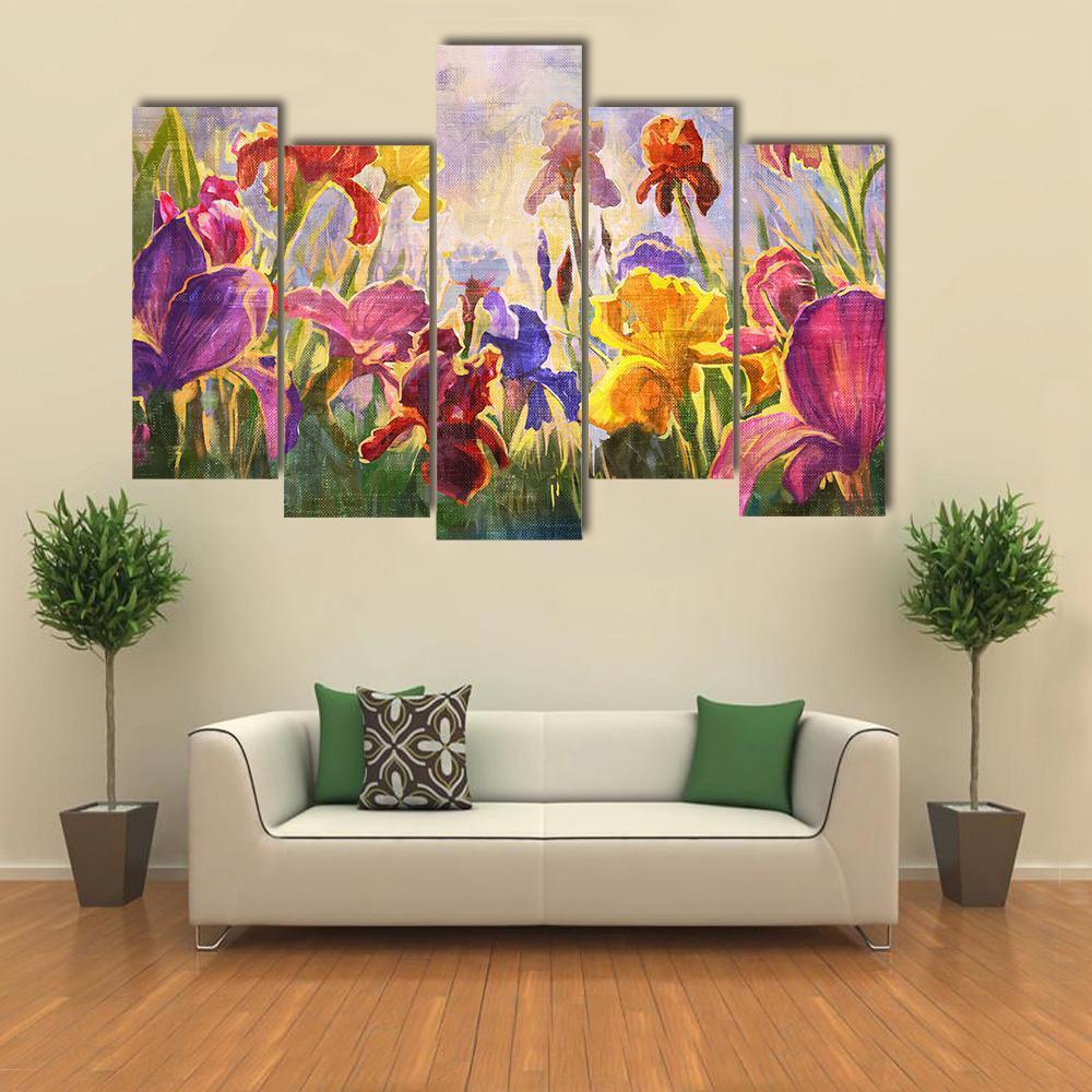 Illustration Of Flowers Irises Canvas Wall Art-5 Pop-Gallery Wrap-47" x 32"-Tiaracle