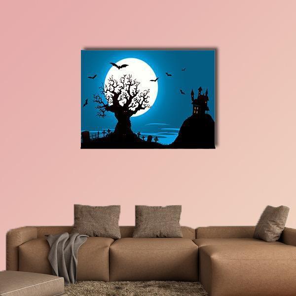 Haunted House Silhouette Under Full Moon Canvas Wall Art in black, white and blue, single panel hung on a wall