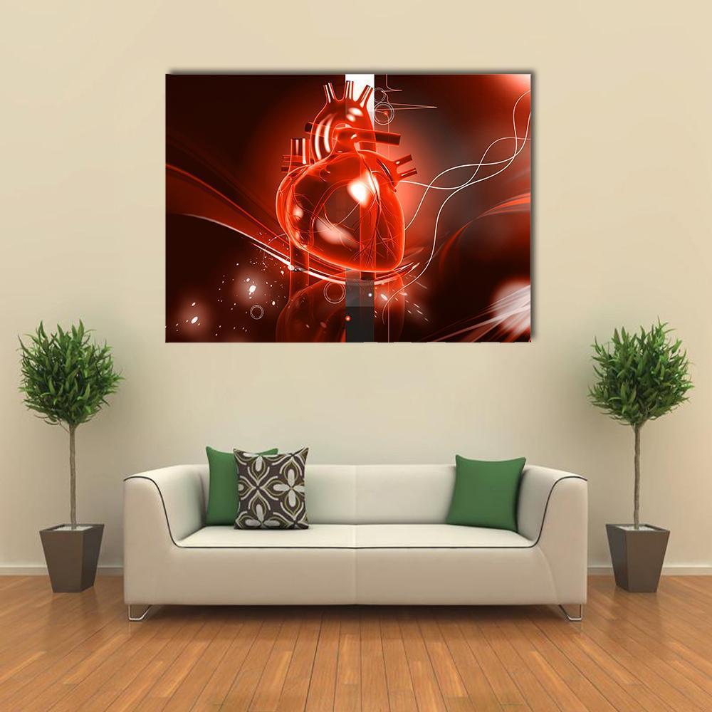 Glowing Red Anatomical Heart Canvas Wall Art in black and red, single panel hung on a wall
