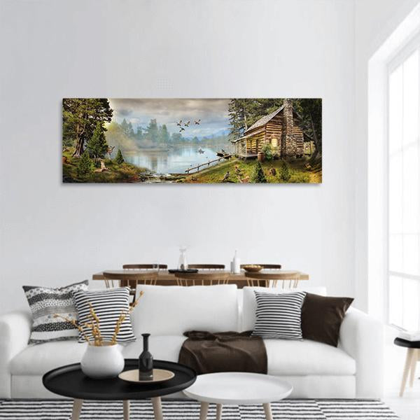 House In Forest With Stream Panoramic Canvas Wall Art-1 Piece-36" x 12"-Tiaracle