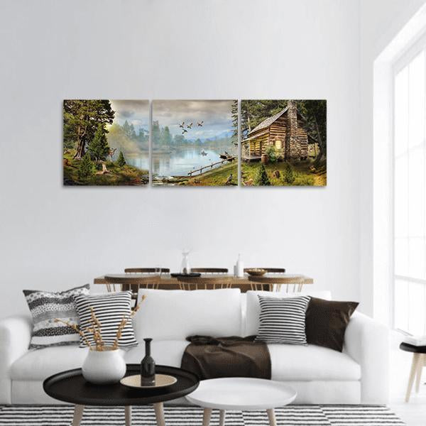 Log Cabin Beside a Stream Panoramic Canvas Wall Art in gray, brown and green, hung on a wall