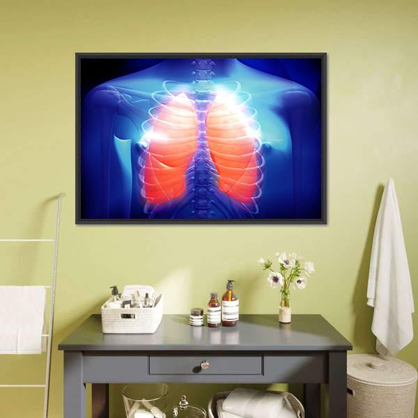 Human Lungs Anatomy Illustration Canvas Wall Art in red, blue and pink, framed canvas, product view on a white background