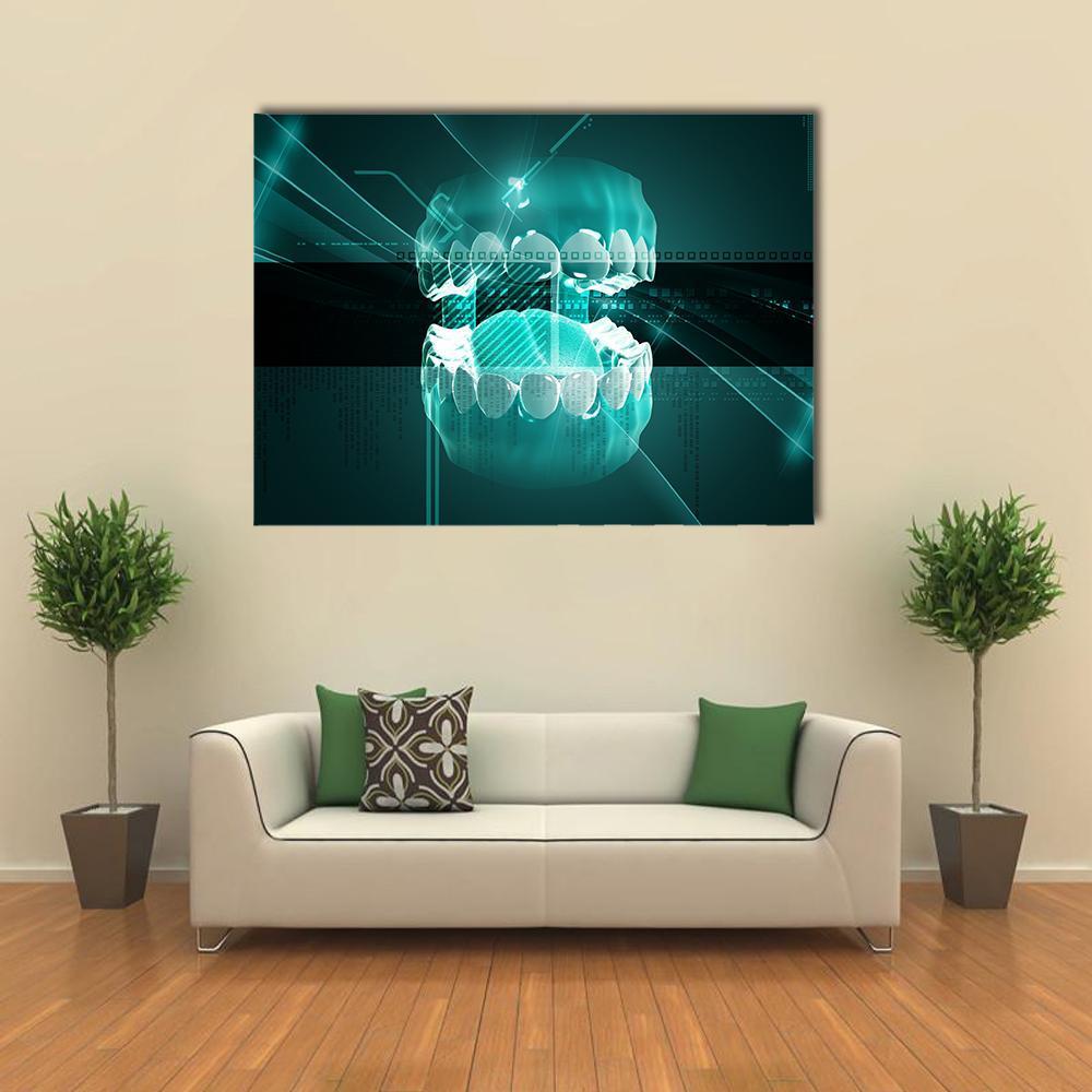 3d Digital Teeth Illustration Canvas Wall Art in black, green and blue, single panel hung on a wall