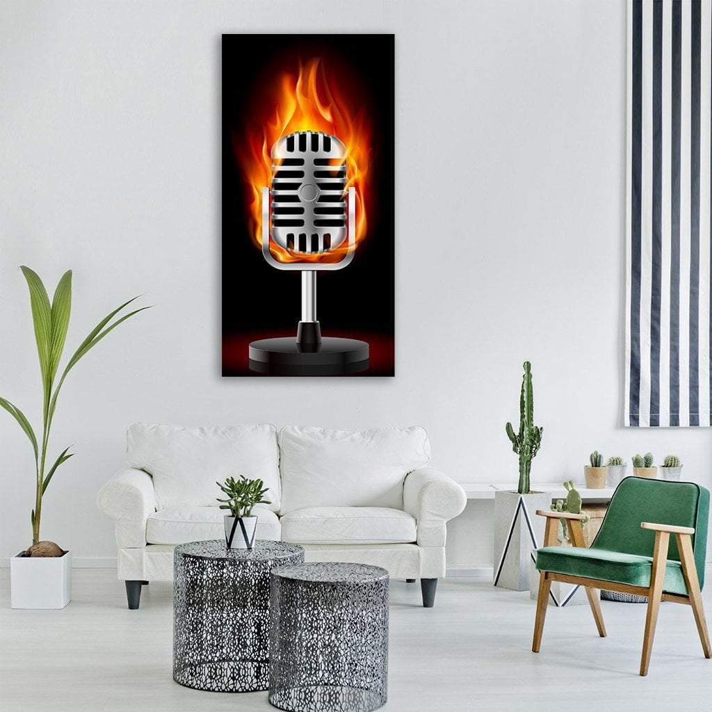 Vintage Microphone in Flames Vertical Canvas Wall Art in black, silver and orange, single vertical panel hung on a wall