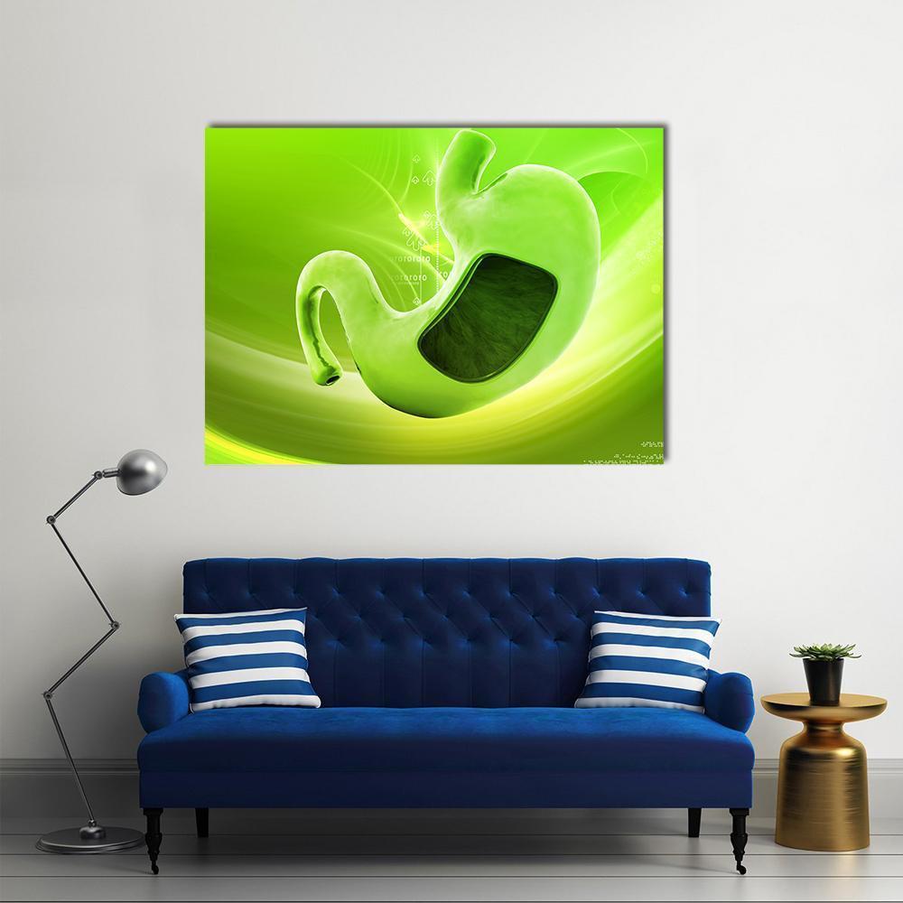 Cutaway Stomach Anatomy Illustration Canvas Wall Art in yellow and green, single panel hung on a wall