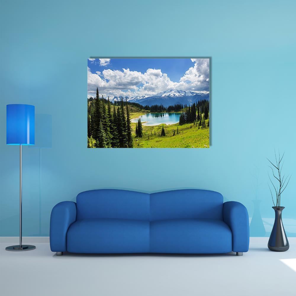 Glacier Peak Above Mountain Lake Canvas Wall Art in white, green and blue, single panel hung on a wall