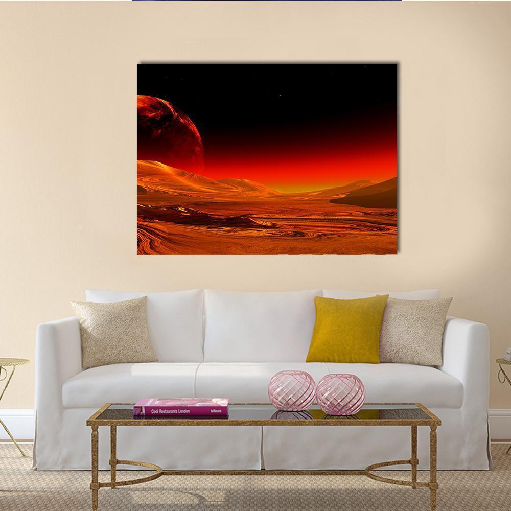 Red Planet Over Alien Dunes Canvas Wall Art in black, red and orange, single panel hung on a wall