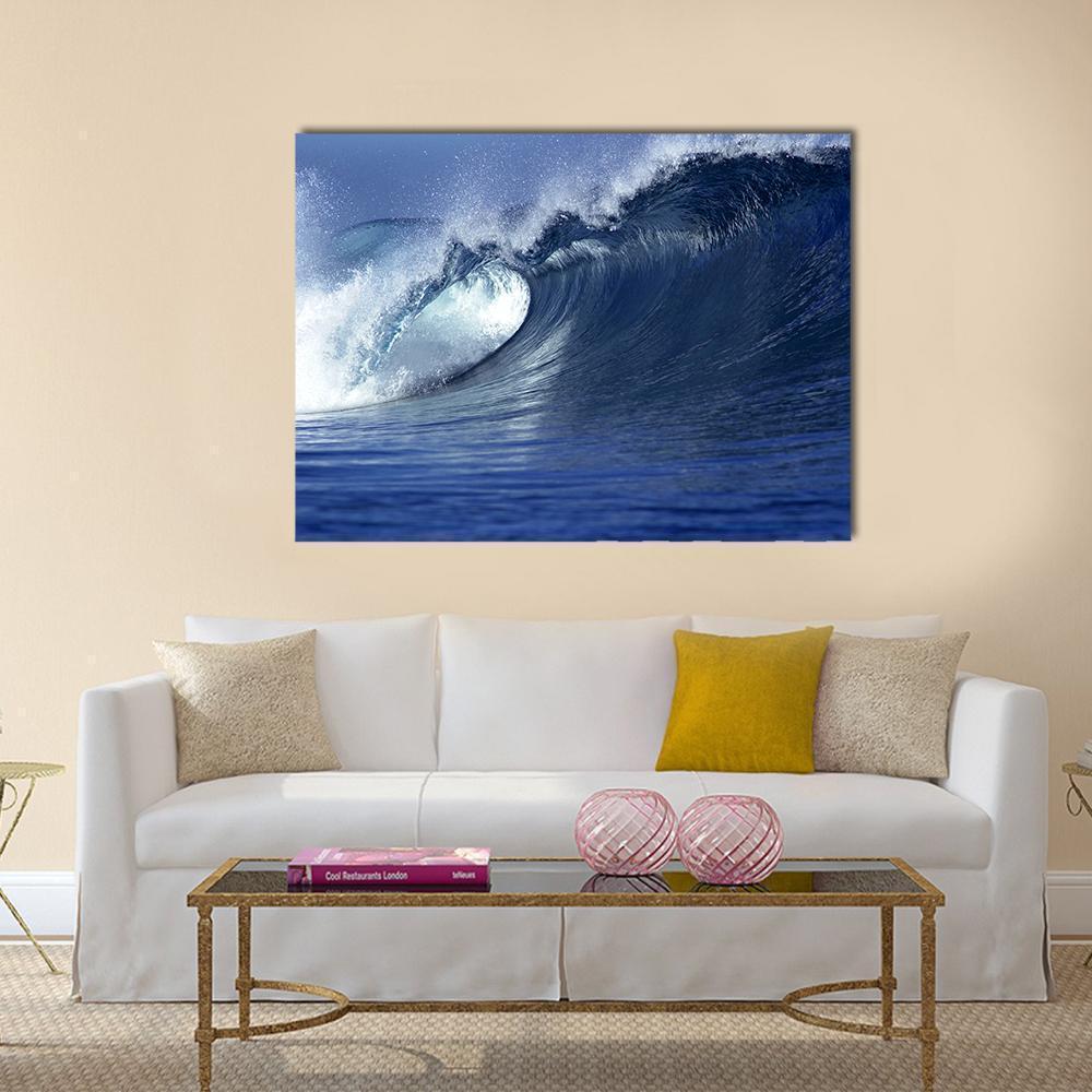Fiji Ocean Wave Barrel Canvas Wall Art in white and blue, single panel hung on a wall