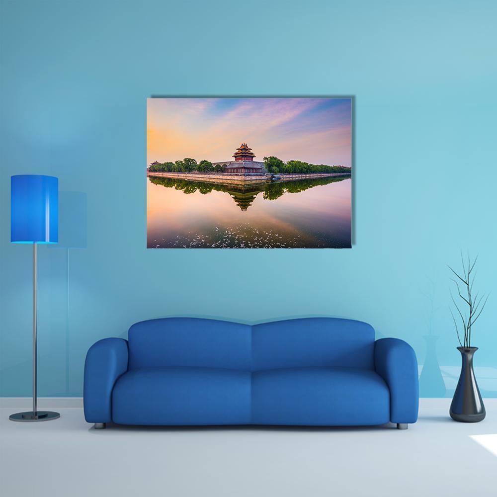 Imperial City North Gate at Sunset Canvas Wall Art in orange, blue and purple, single panel hung on a wall