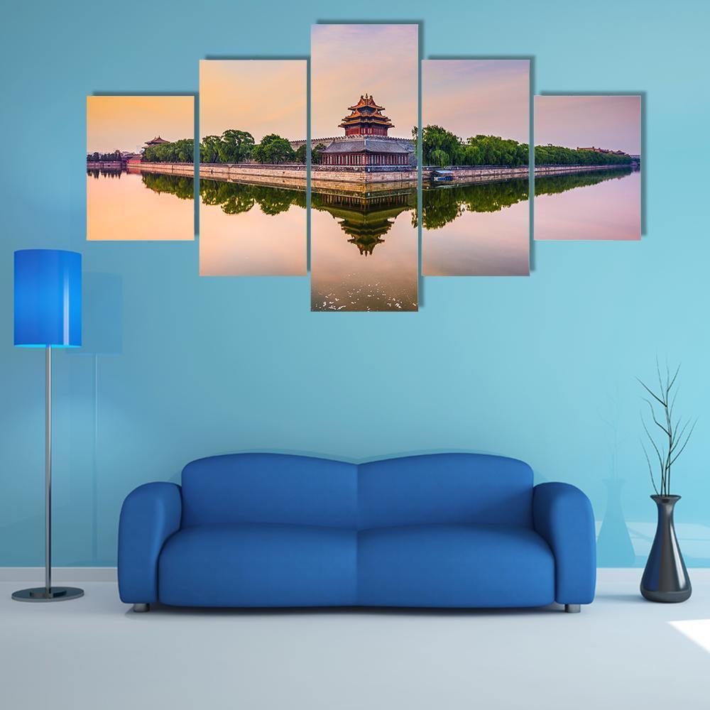 Imperial City North Gate at Sunset Canvas Wall Art in orange, blue and purple, 5 panel Star layout hung on a wall
