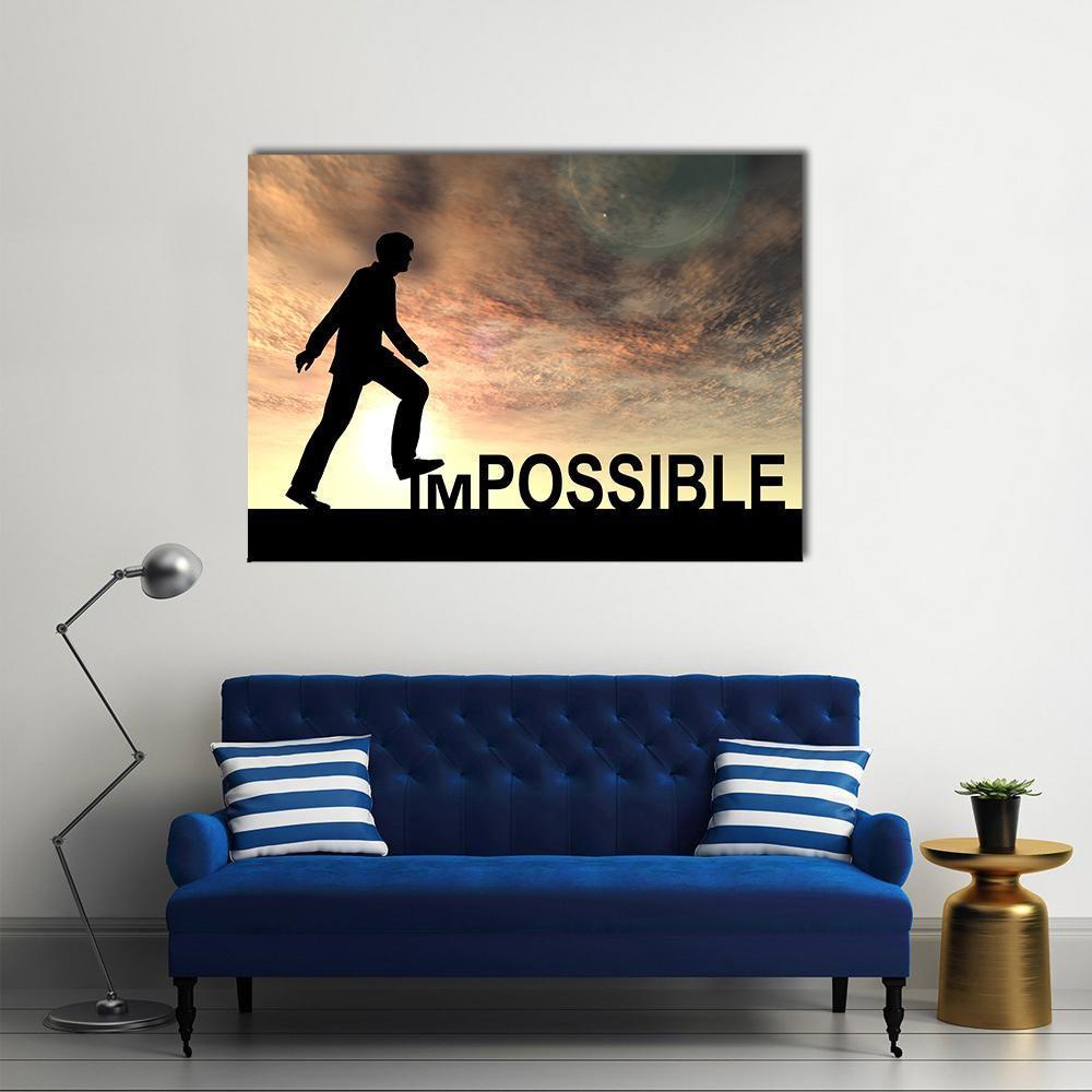 Silhouette Walking Toward Impossible Text Canvas Wall Art in black, gray and orange, single panel hung on a wall