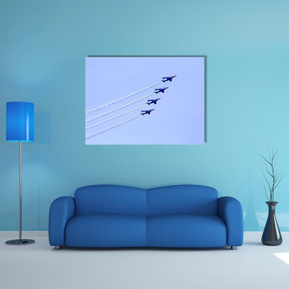 Impulse Jet Formation Canvas Wall Art in white and blue, single panel hung on a wall