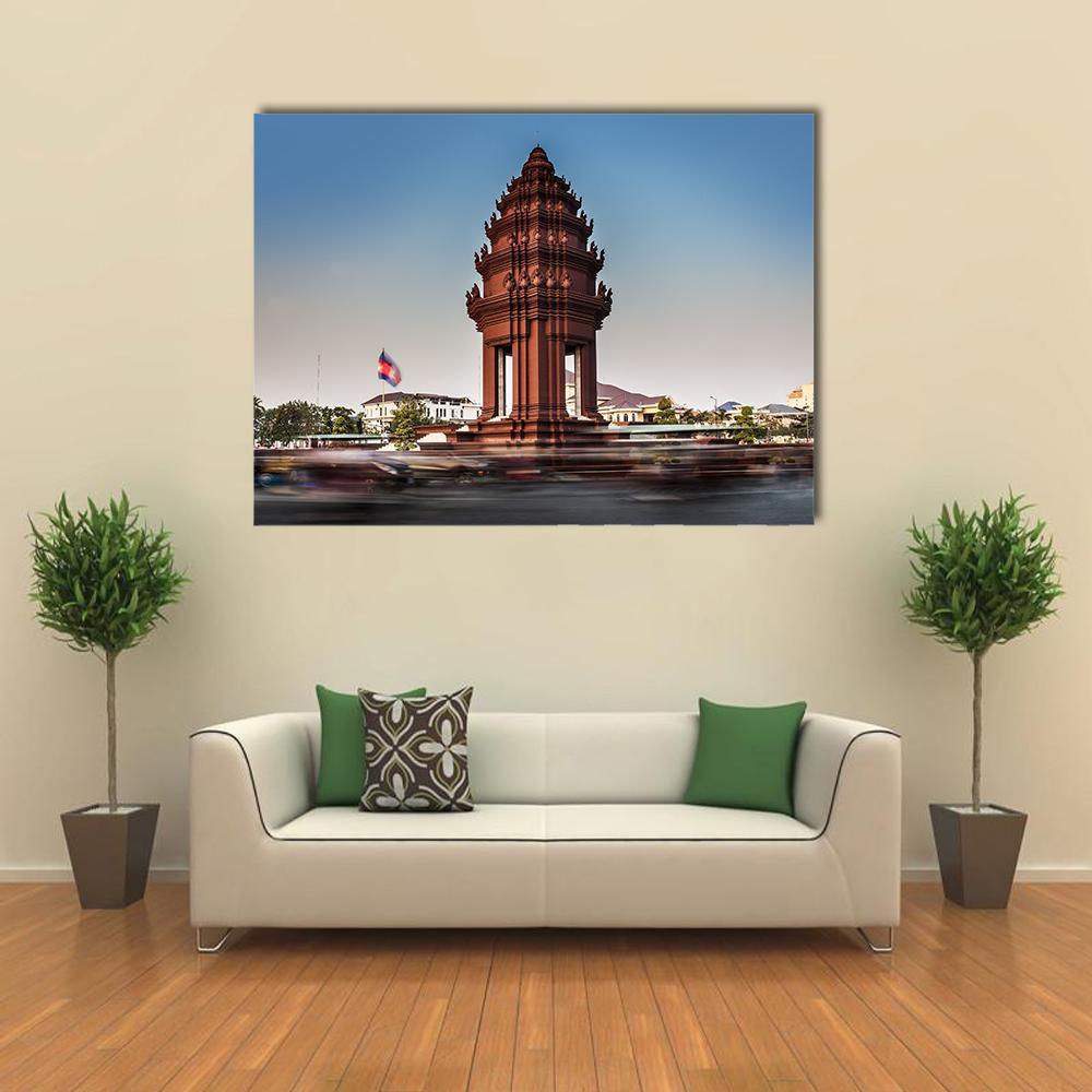 Independence Monument Phnom Penh Canvas Wall Art in gray, brown and blue, single panel hung on a wall