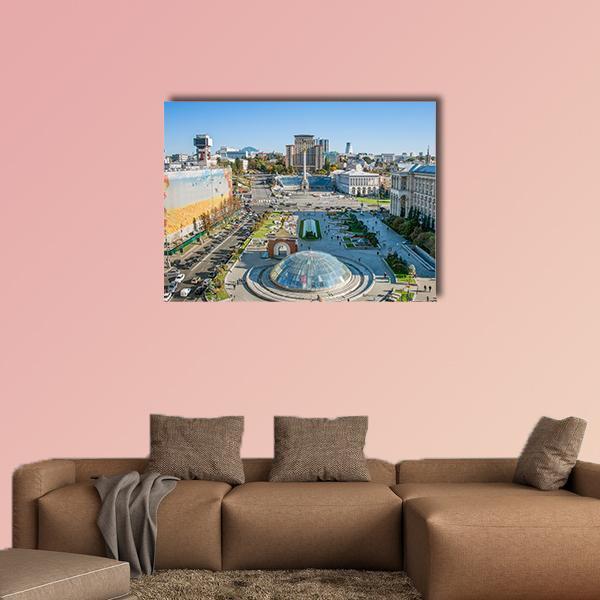 Independence Square, Ukraine Canvas Wall Art in white, gray and blue, single panel hung on a wall