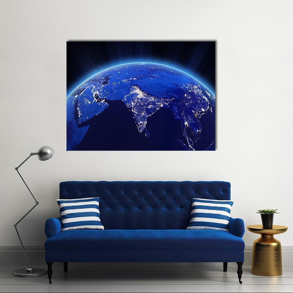 India City Lights at Night Canvas Wall Art in black and blue, single panel hung on a wall