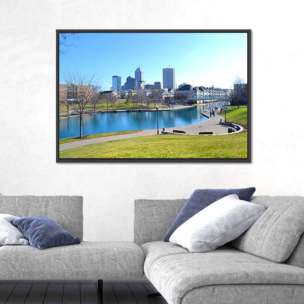 Indiana Canal & Skyline Canvas Wall Art-1 Piece-Floating Frame-24" x 16"-Tiaracle