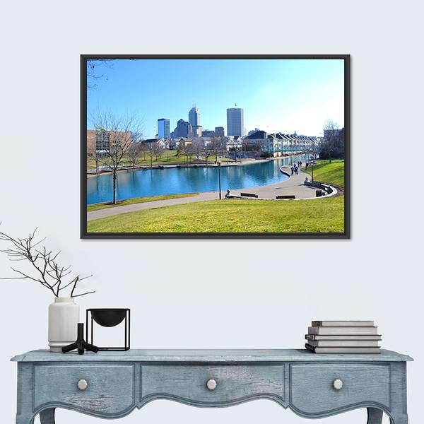 Indiana Canal & Skyline Canvas Wall Art-3 Horizontal-Gallery Wrap-25" x 16"-Tiaracle