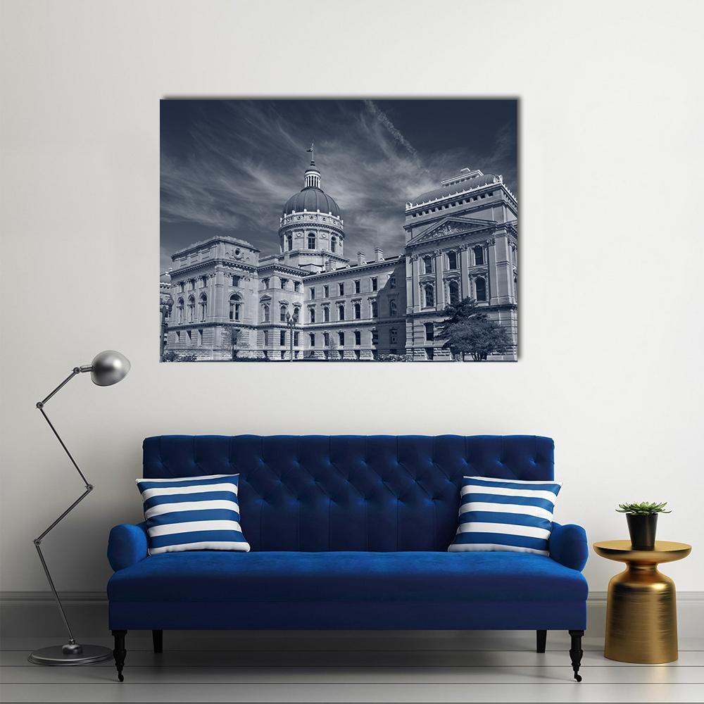 Indiana Capitol Building Canvas Wall Art in black, gray and blue, single panel hung on a wall
