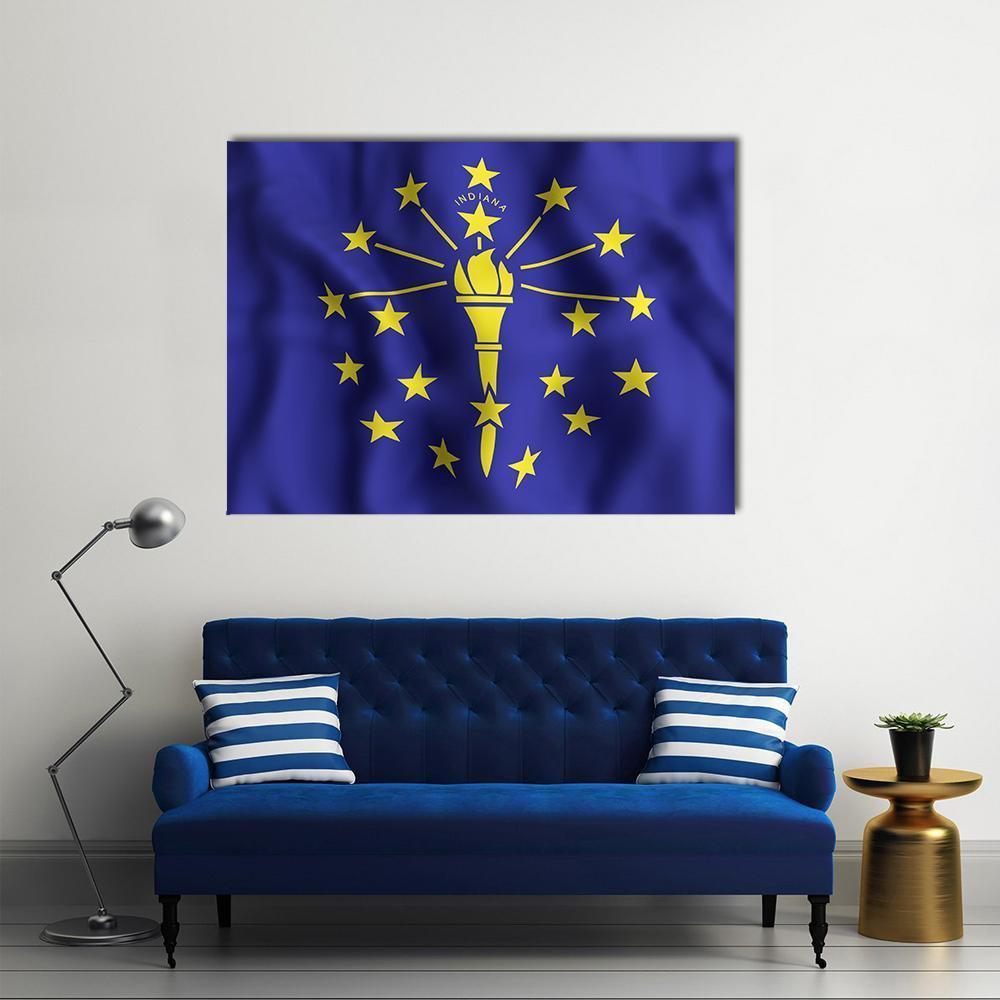 Indiana Flag with Torch and Stars Canvas Wall Art in gold, yellow and blue, single panel hung on a wall
