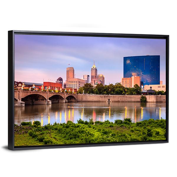 Indianapolis Skyline At Sunset Canvas Wall Art-3 Horizontal-Gallery Wrap-25" x 16"-Tiaracle