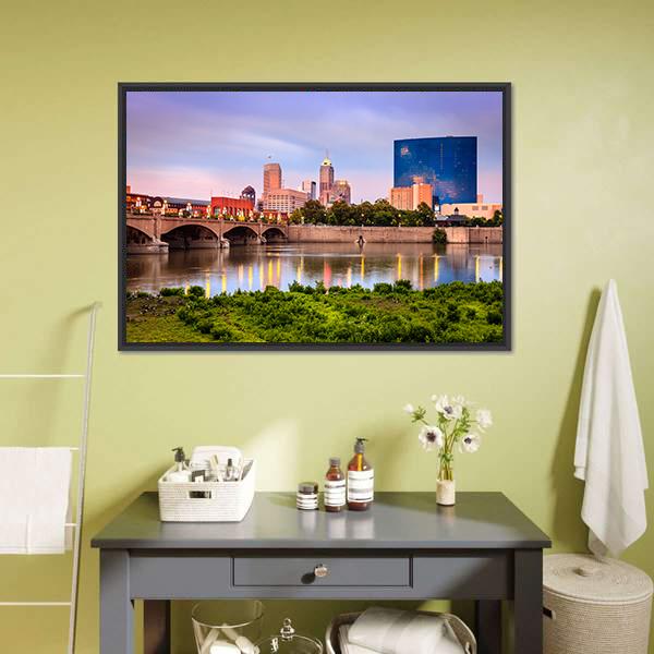 Indianapolis Skyline At Sunset Canvas Wall Art-1 Piece-Floating Frame-24" x 16"-Tiaracle