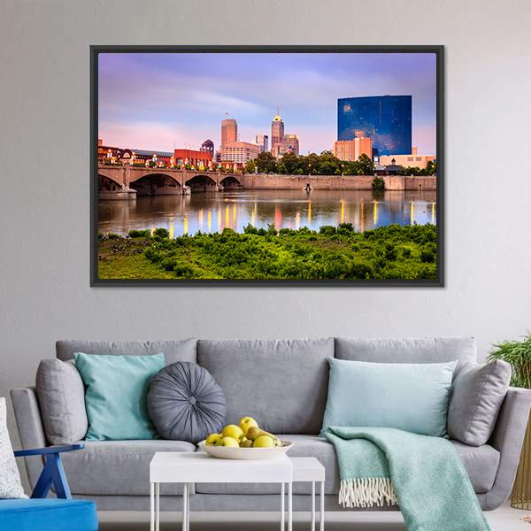 Indianapolis Skyline At Sunset Canvas Wall Art-5 Horizontal-Gallery Wrap-22" x 12"-Tiaracle
