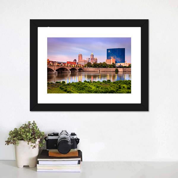 Indianapolis Skyline At Sunset Canvas Wall Art-1 Piece-Framed Print-20" x 16"-Tiaracle