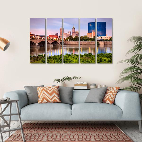 Indianapolis Skyline At Sunset Canvas Wall Art-5 Horizontal-Gallery Wrap-22" x 12"-Tiaracle