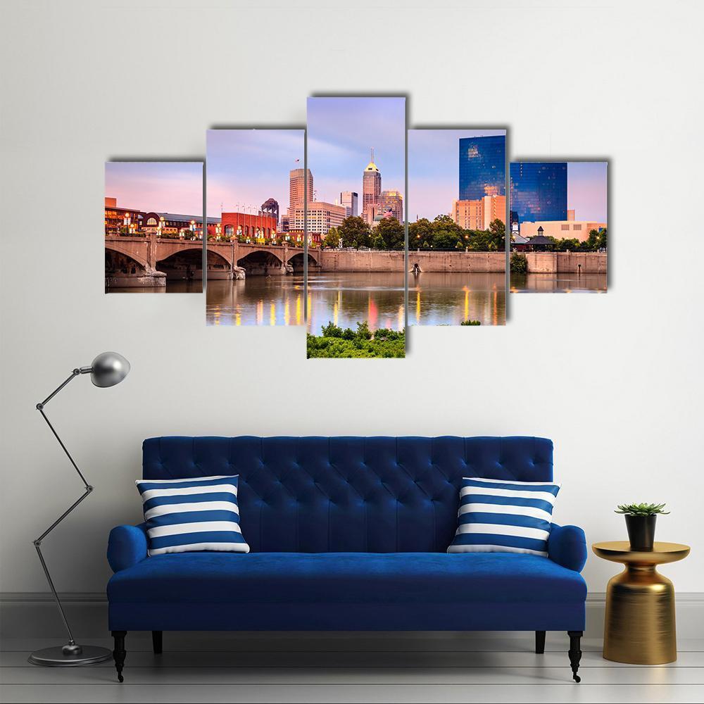 Indianapolis Skyline At Sunset Canvas Wall Art-5 Star-Gallery Wrap-62" x 32"-Tiaracle