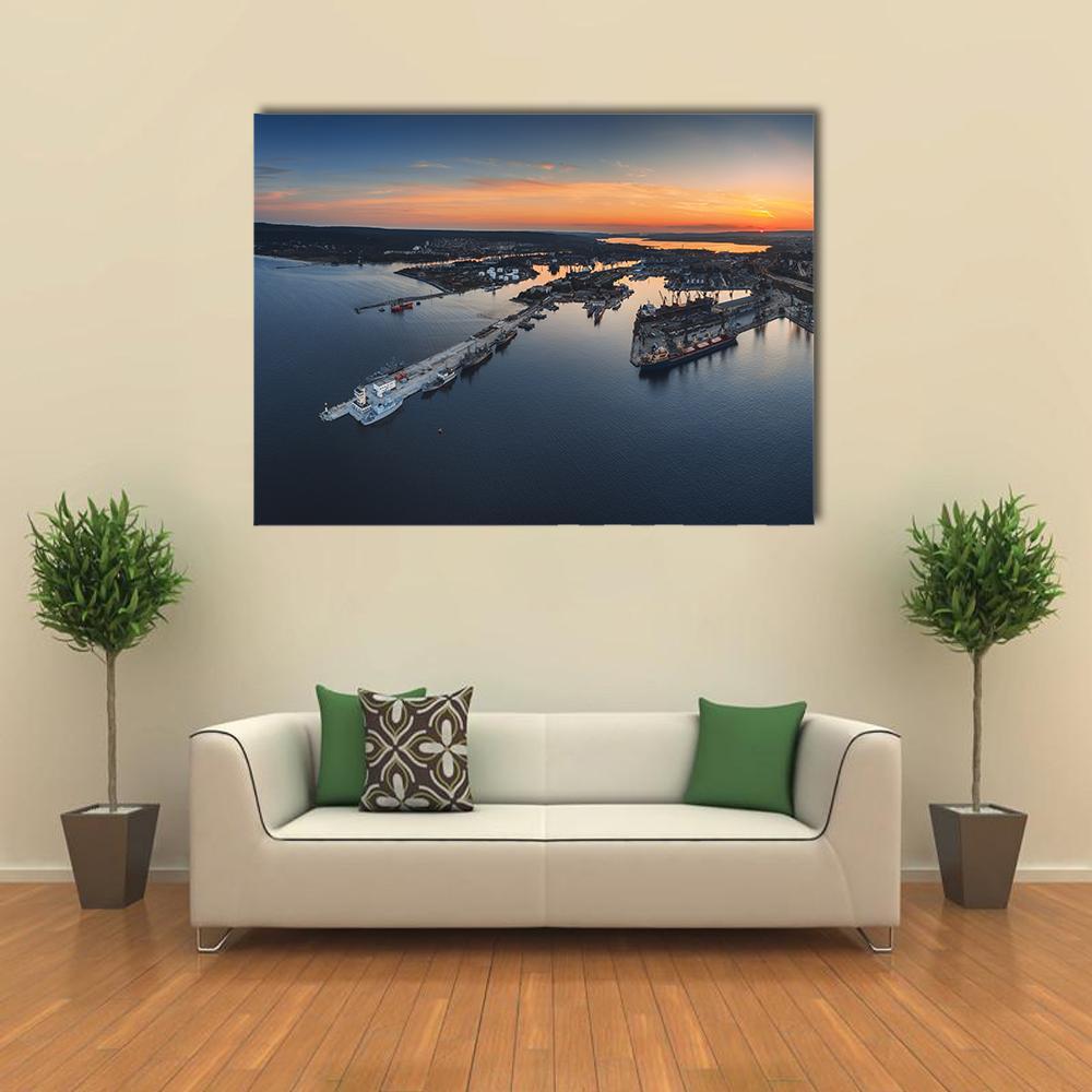 Industrial Harbor in Varna Canvas Wall Art in black, orange and blue, single panel hung on a wall