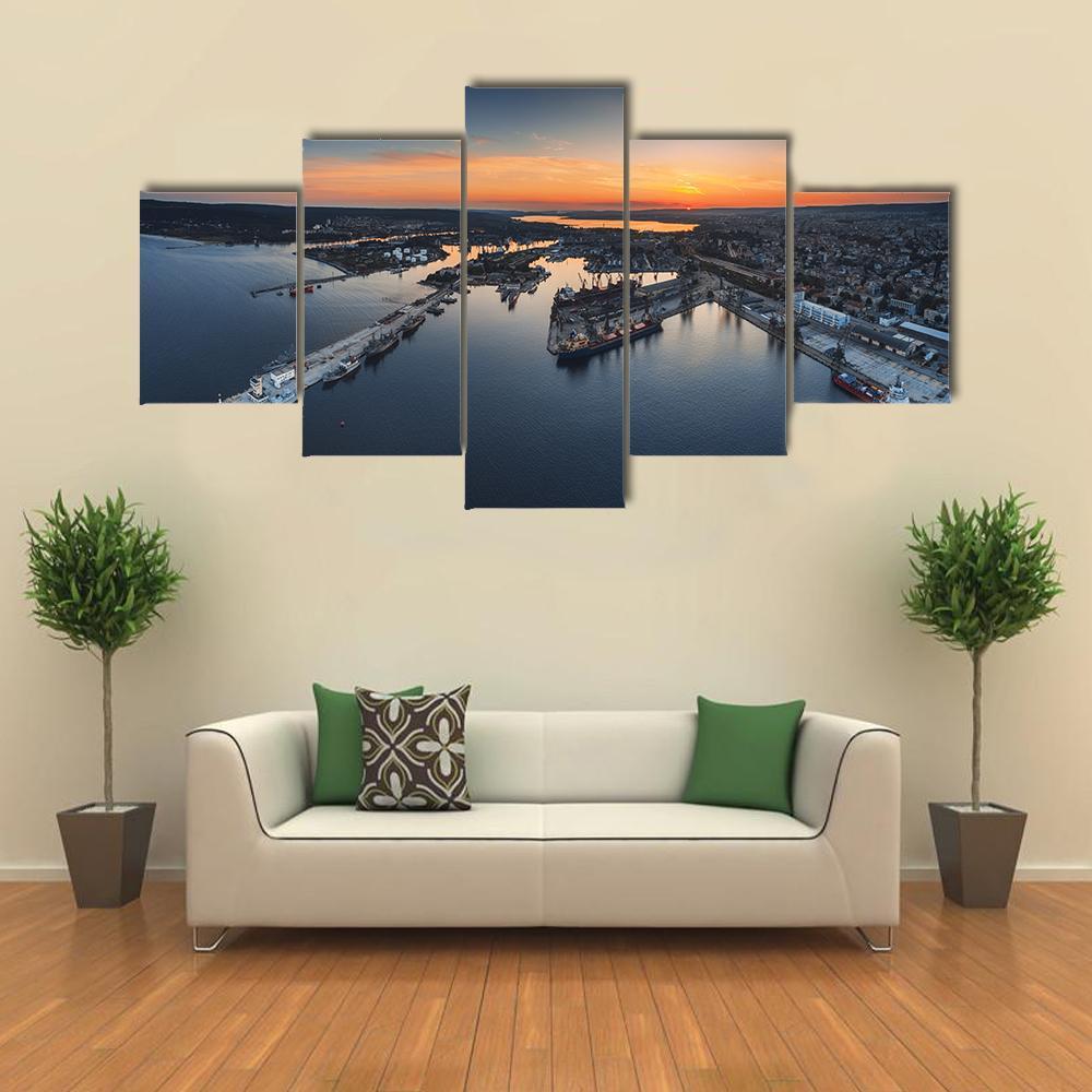 Industrial Harbor In Varna Canvas Wall Art-5 Star-Gallery Wrap-62" x 32"-Tiaracle