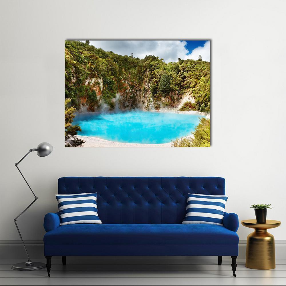 Inferno Crater Lake Canvas Wall Art in brown, green and blue, single panel hung on a wall