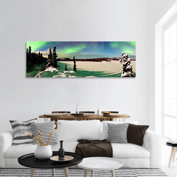 Northern Lights Over Snowy Landscape Panoramic Canvas Wall Art-1 Piece-36" x 12"-Tiaracle