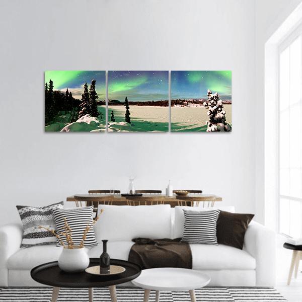 Northern Lights Over Snowy Landscape Panoramic Canvas Wall Art-3 Piece-25" x 08"-Tiaracle