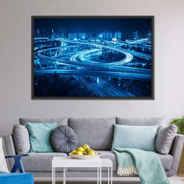 Interchange Overpass At Night Shanghai Canvas Wall Art-3 Horizontal-Gallery Wrap-25&quot; x 16&quot;-Tiaracle