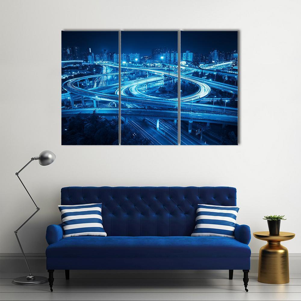 Interchange Overpass At Night Shanghai Canvas Wall Art-3 Horizontal-Gallery Wrap-37&quot; x 24&quot;-Tiaracle